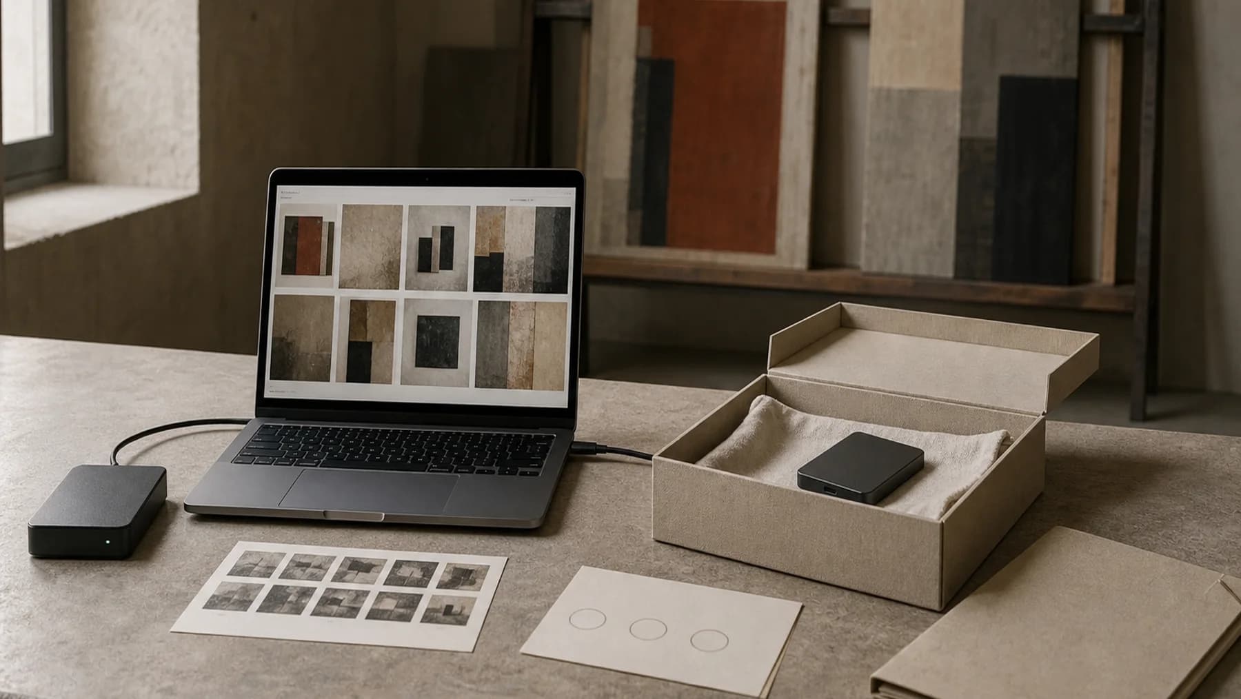 Artwork files on a laptop beside connected and separately stored archive drives