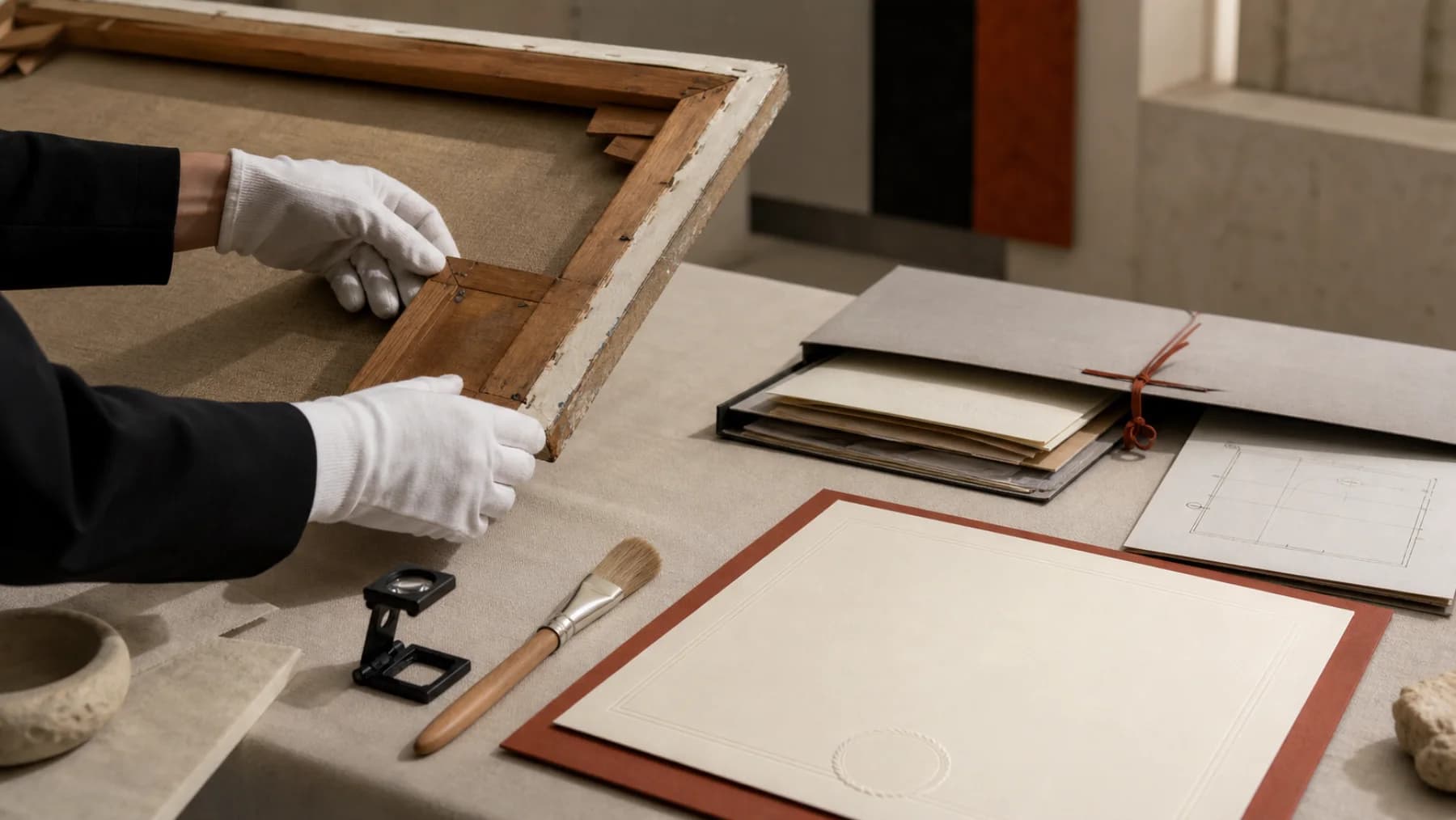 Gloved hands inspecting a painting beside a condition sheet and provenance folder