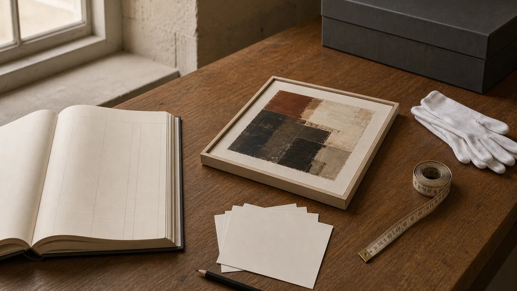 A painting beside inventory cards and an open record book on a studio worktable