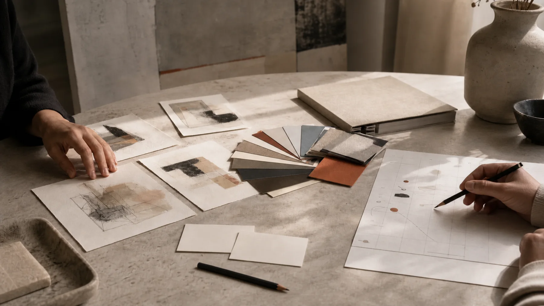 Commission sketches, material swatches, contact cards, and planning notes arranged for a client meeting