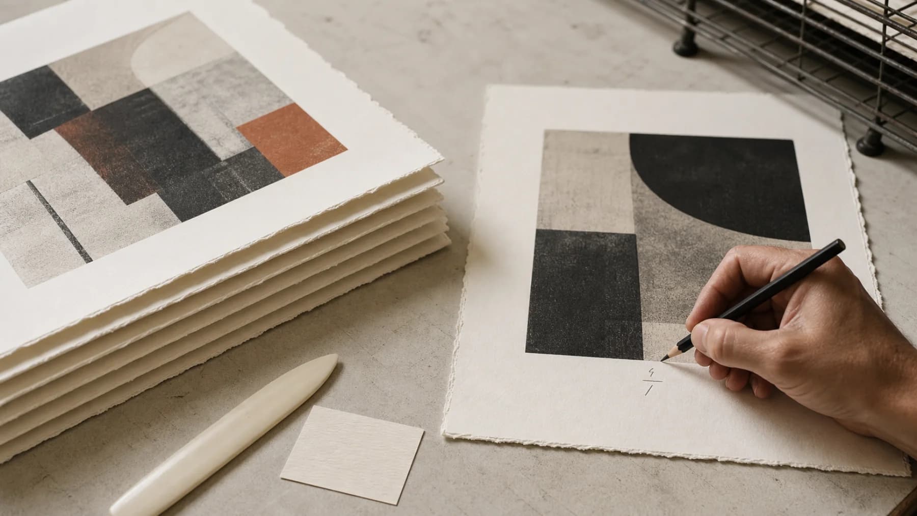 A printmaker numbering an abstract print beside a stack of edition copies
