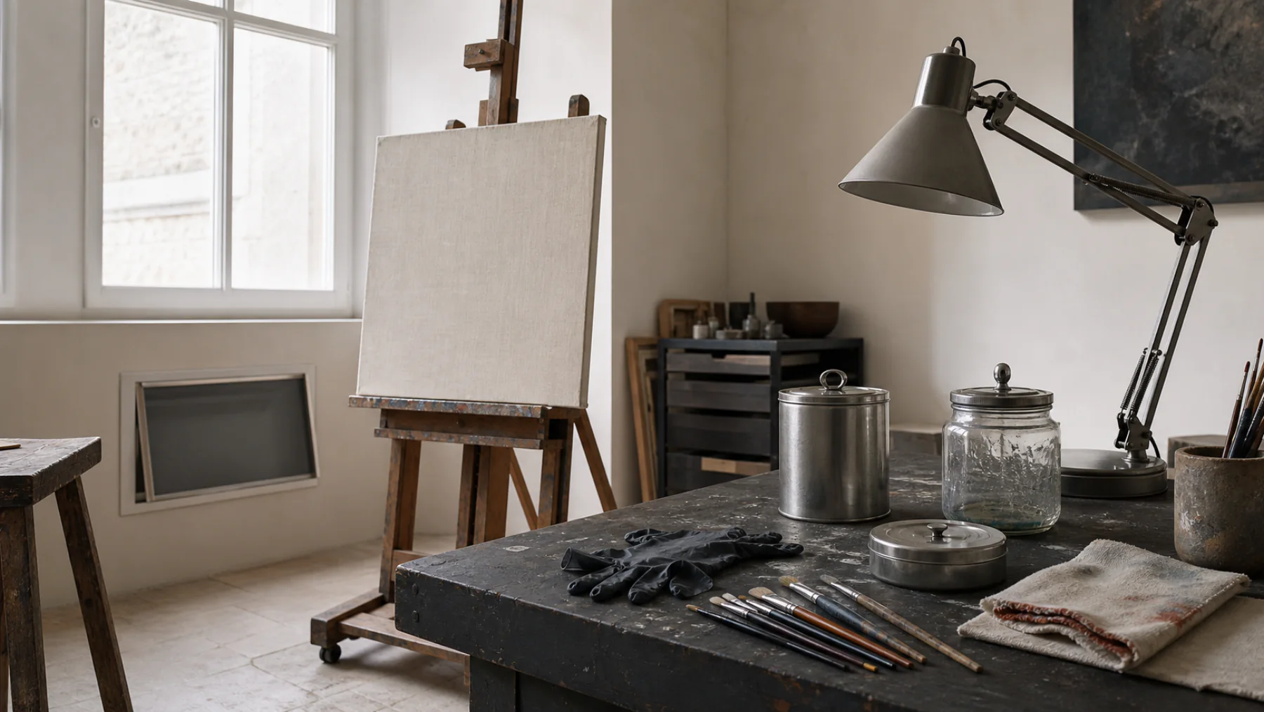 A well-lit studio bench with closed medium jars, a safety bin, and a varnish brush beside a painting
